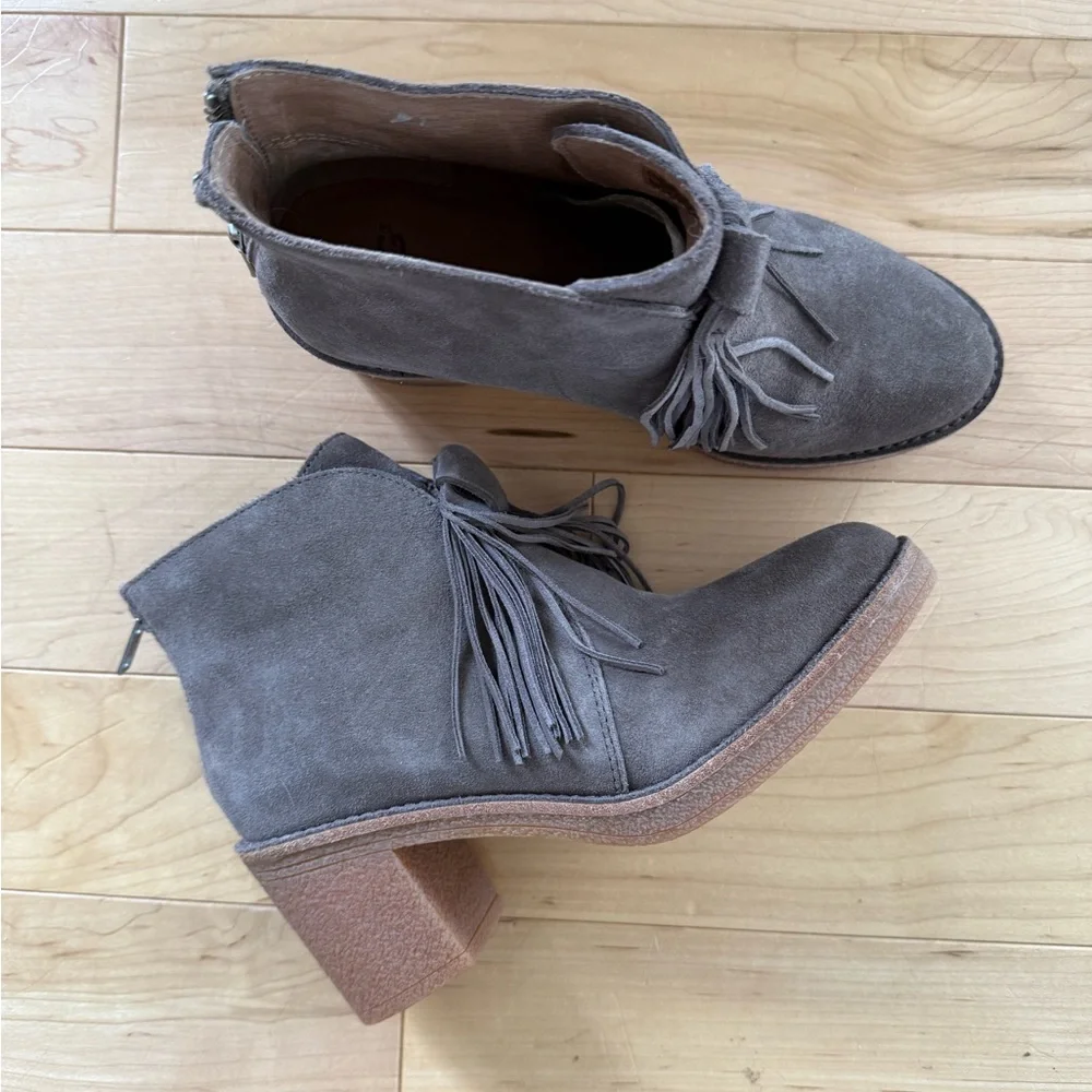 UGG Corin gray suede fridge tassel ankle booties, size 6.5 - Picture 2 of 12
